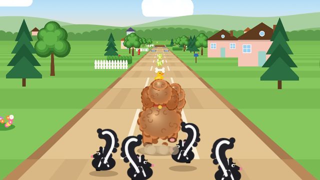 Rusty Run game: Rusty running down the street with a pack of skunks behind him