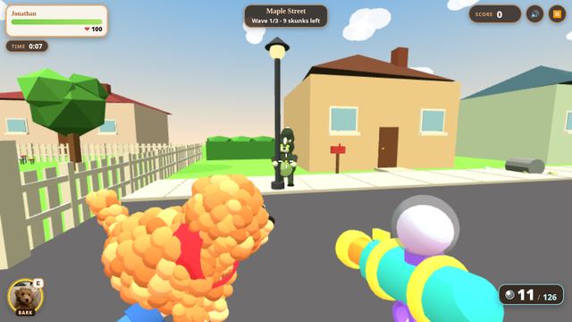 Rusty Rescue game: first-person view holding Rusty and a bubble blaster on Maple Street with a zombie skunk ahead