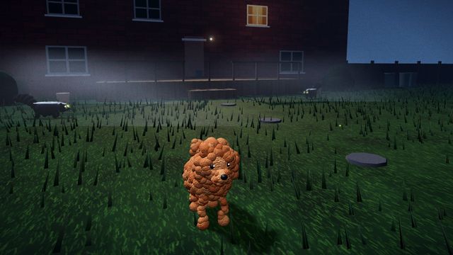 Midnight Stench game: Rusty sneaking across a foggy moonlit backyard while skunks with glowing eyes prowl near the porch